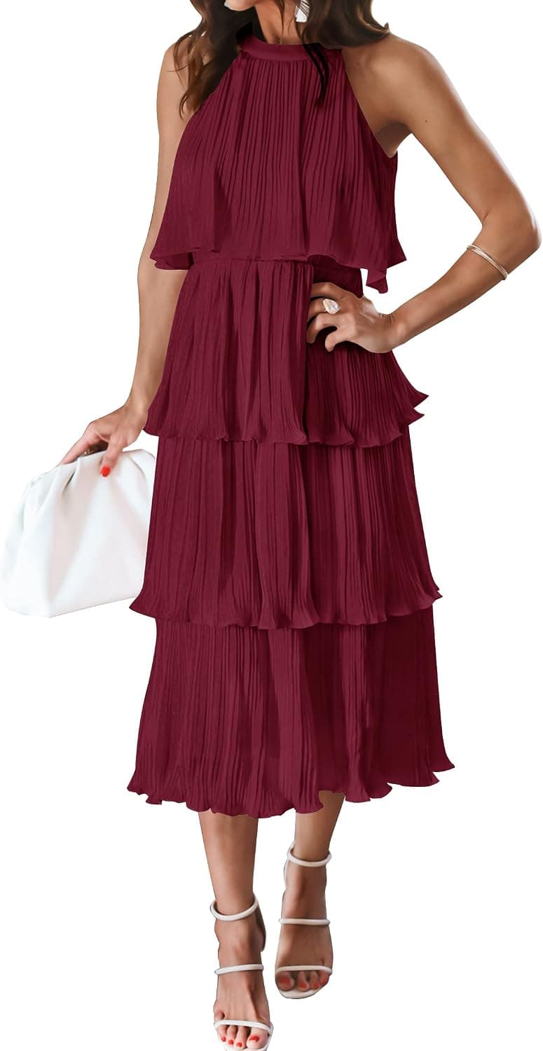 ZESICA Women's 2023 Summer Sleeveless Halter Neck Ruffle Tiered Layered Chiffon Flowy Swing Long Midi Dress