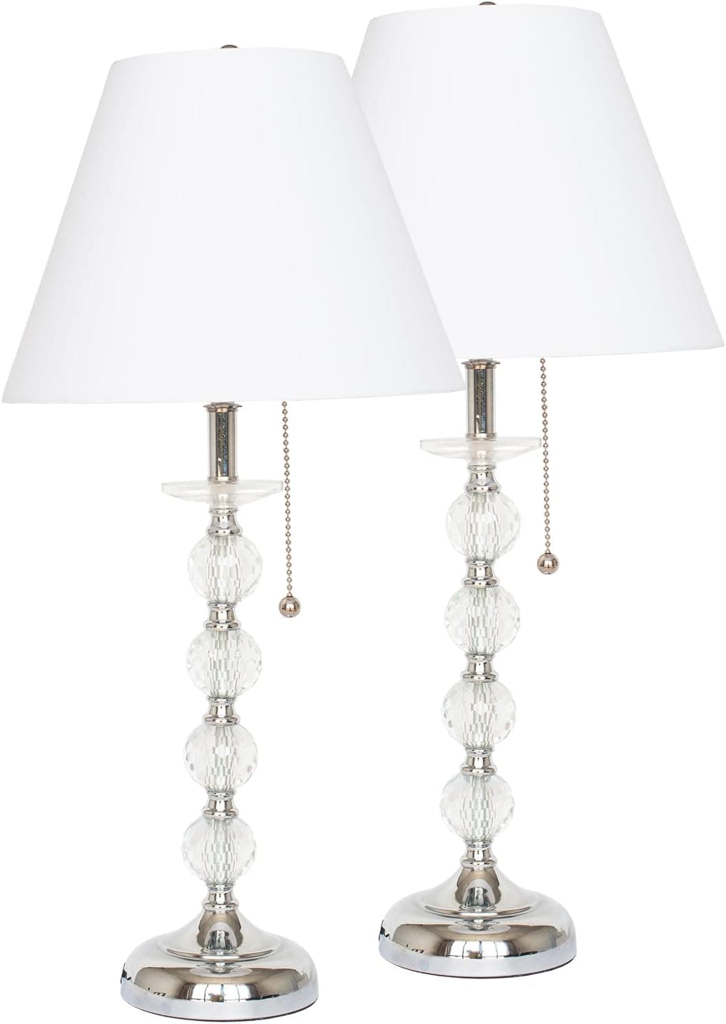 MINGHE Crystal Bedside Table Lamp,Chrome Plated Metal Base with White Lampshade, Pull-Chain Switch,Simple and Elegant Bedside Light for Living Room,Bedroom,Led Bulbs Included(Pack of 2)