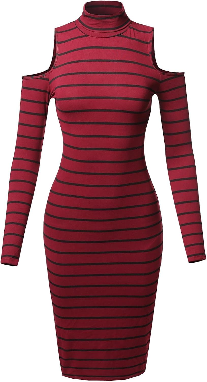 Made by Emma Women's Casual Striped Long Sleeve Mock Neck Cut Off Shoulder Midi Dress