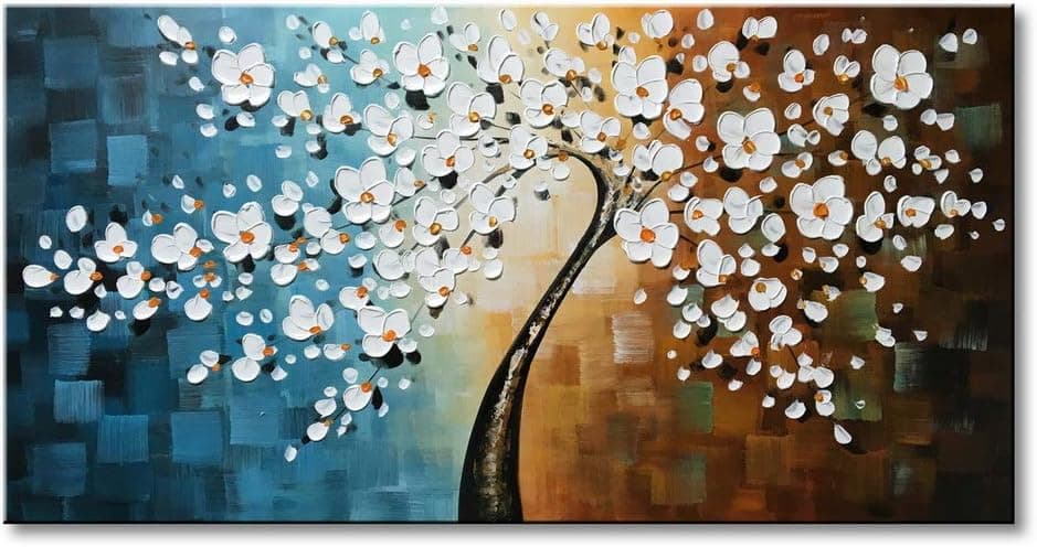 Winpeak Art Handmade Plum Tree Blossom Modern Canvas Flowers Artwork Contemporary Abstract Floral Paintings on Canvas Wall Art for Home Decorations Wall Decor Stretched and Ready to Hang (48"W x 24"H)