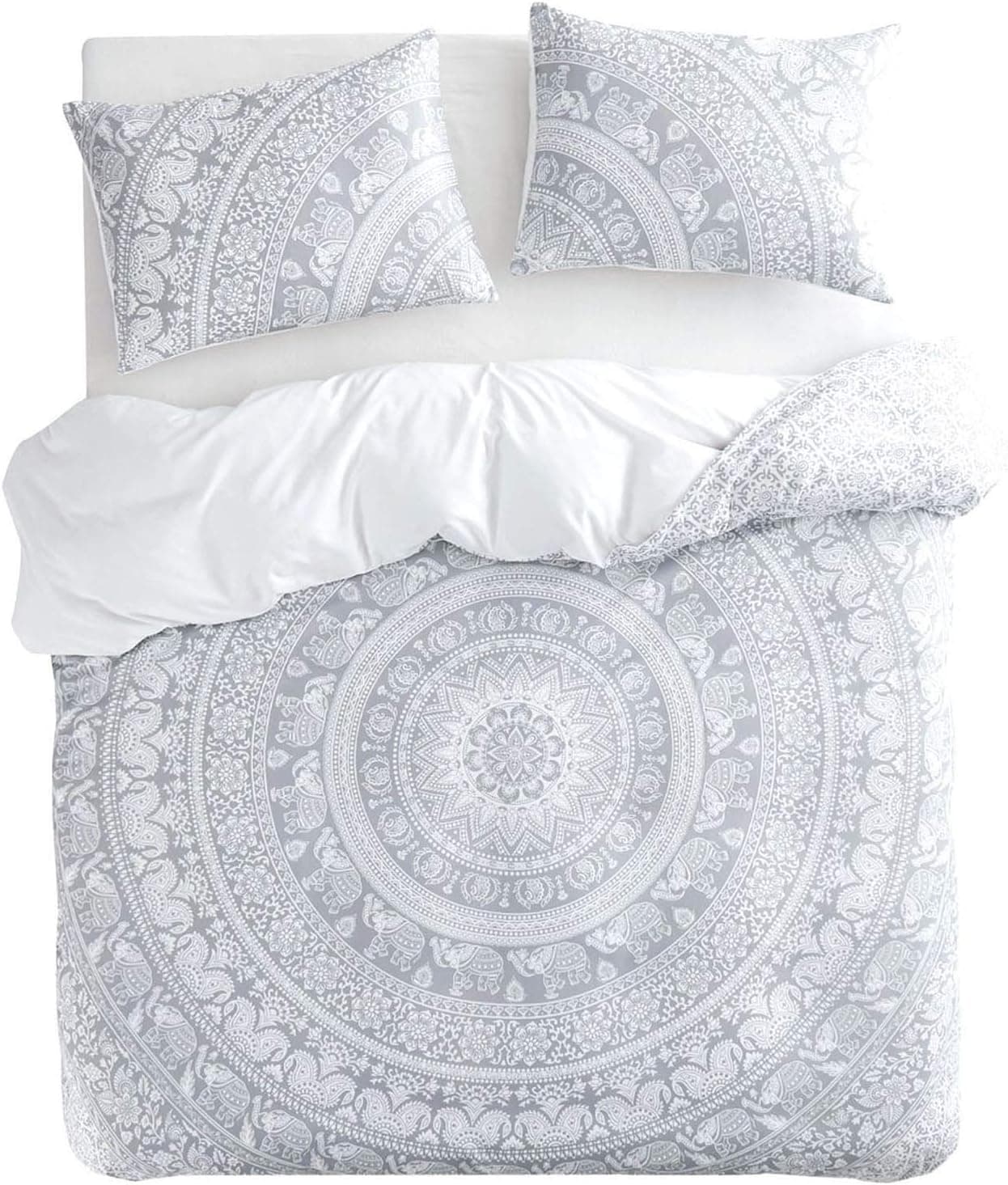 Wake In Cloud - Bohemian Comforter Set, Gray Grey Boho Chic Mandala Indian Medallion Floral Printed on White, Soft Microfiber Bedding (3pcs, King Size)