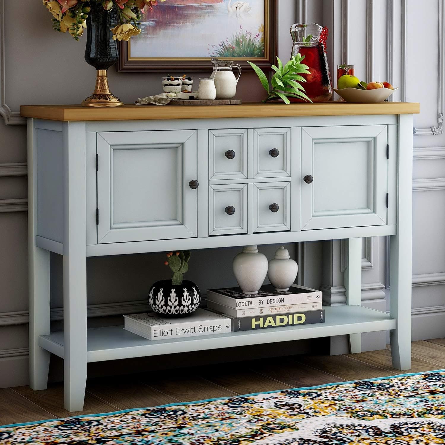 Merax Console Sofa Table Sideboard with Storage Drawers Cabinets and Bottom Shelf for Living Room, Kitchen, Entryway/Hallway, Antique White