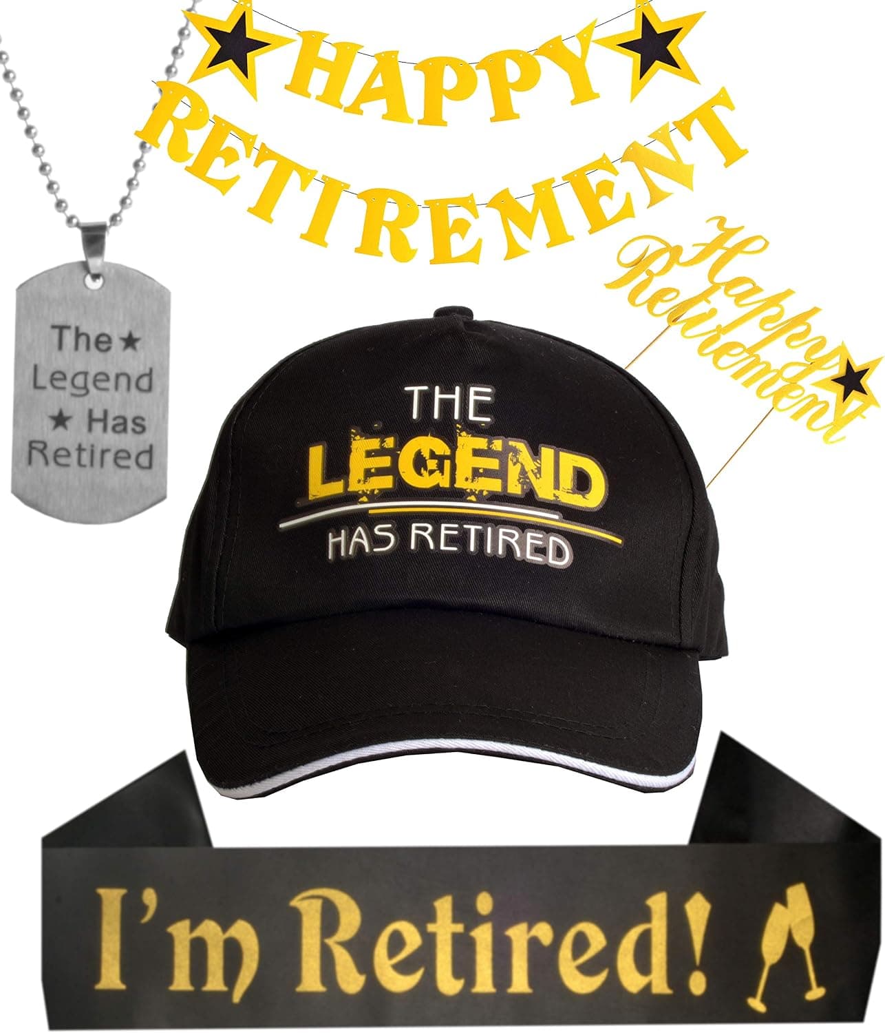 Happy Retirement Banner, The Legend has Retired Sash and Hat/ Baseball Cap Gold, Christmas Gifts, The Legend has Retired Necklace, Retirement Party Supplies Gifts and Decorations, Retirement Supplies