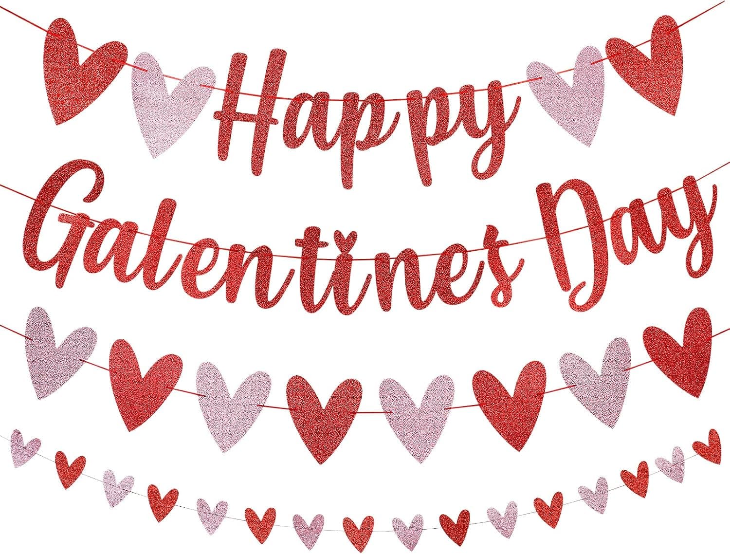 Red Glitter Happy Galentines Day Banner and Valentines Hearts Garland Decorations, Galentines Day Banner Decor for Happy Valentines Day Decorations Valentines Wedding Anniversary Party Supplies