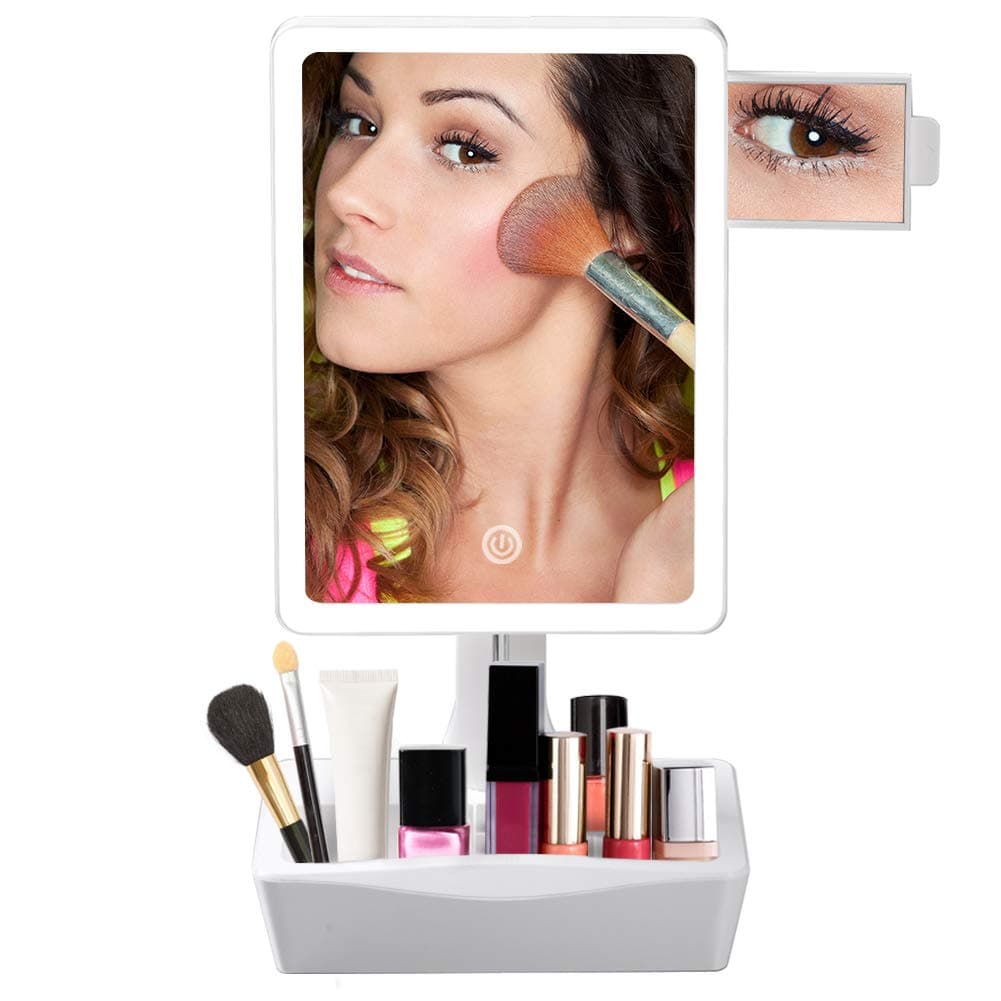 Secura Swiveling Vanity Lighted Makeup Mirror with Adjustable LED Lights, Organizer Base and 10X Slide-out Spot Mirror, Bonus Manicure scissors, tweezers and carrying pouch