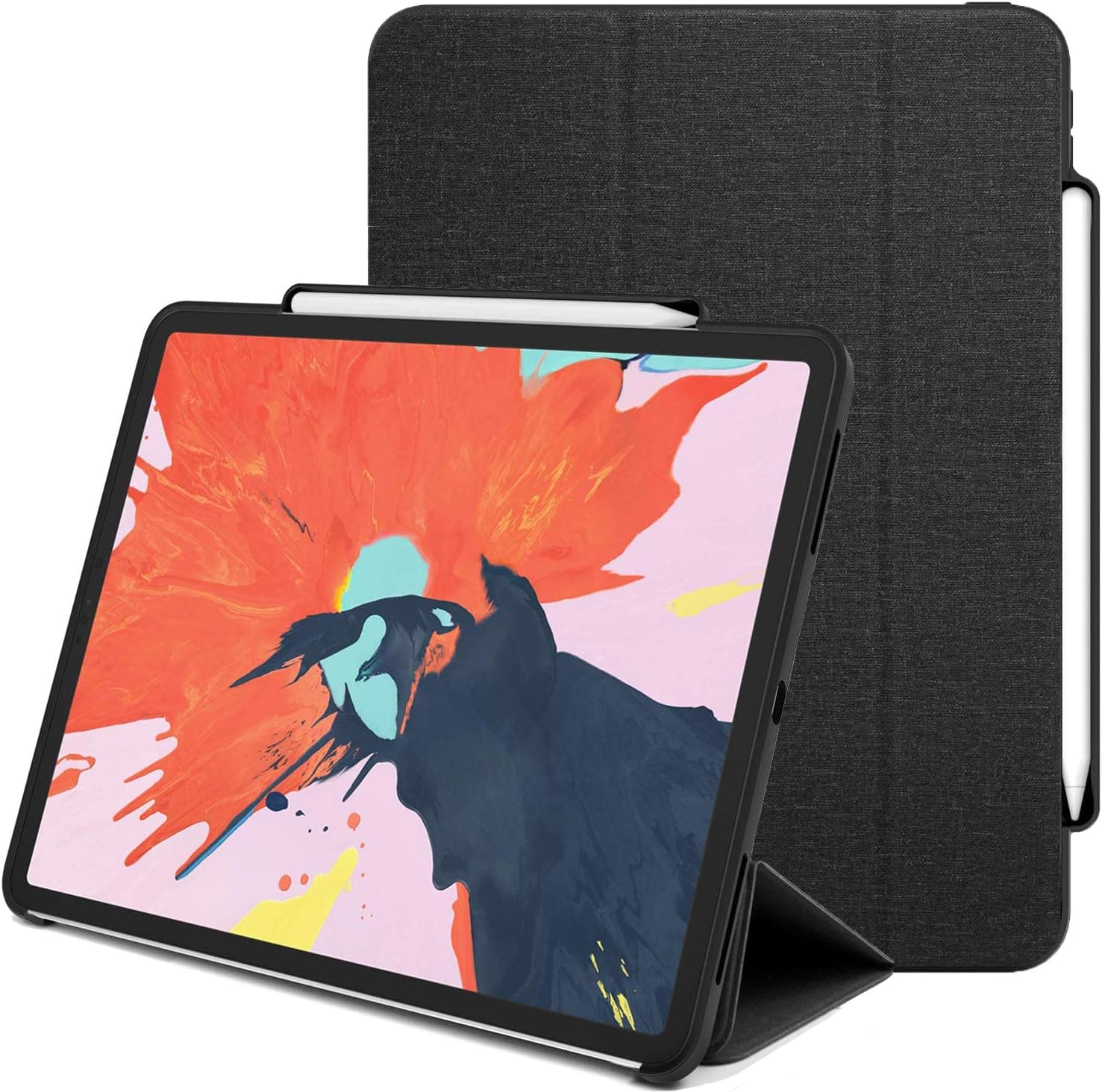 Luvvitt iPad Pro 12.9 2018 Case with Pencil Holder (Wireless Charging Compatible) Front and Back Full Body Cover (Compatible with 2018 Version only) - Heather Black