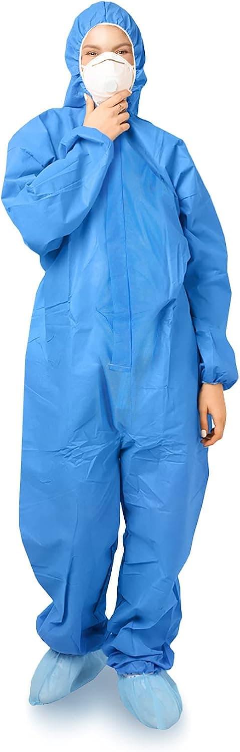 EZGOODZ Disposable Coveralls for Men, Women, Pack of 5 XX-Large Blue Hazmat Suits Disposable, SMS 50 gsm Hazmat Suit Costume with Hood, Elastic Wrists, Ankles, Zip, Splash-Proof Paint Suit Disposable