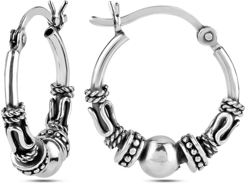 LeCalla 925 Sterling Silver Small Antique Balinese Beaded Hoop Earrings for Women