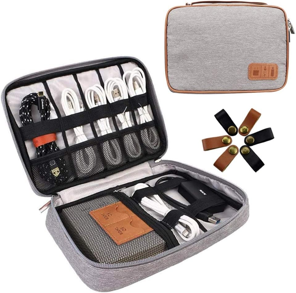 Cable Organizer Bag, Travel Electronics Organizer Bag Waterproof Tech Organizer Bag Portable Cord Storage Pouch for Charger,Phone,USB Drive,SD Card,Power Bank with 6pcs Leather Cable Ties (Black)