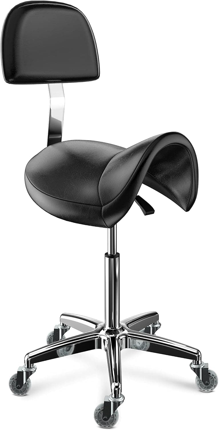 Ergonomic Rolling Saddle Stool with Back, Saddle Chair with Wheels Hydraulic Pneumatic Lifting Height Adjustable for Beauty Salon Tattoo Shop Medical Clinic Lab Kitchen Studio Office Classroom