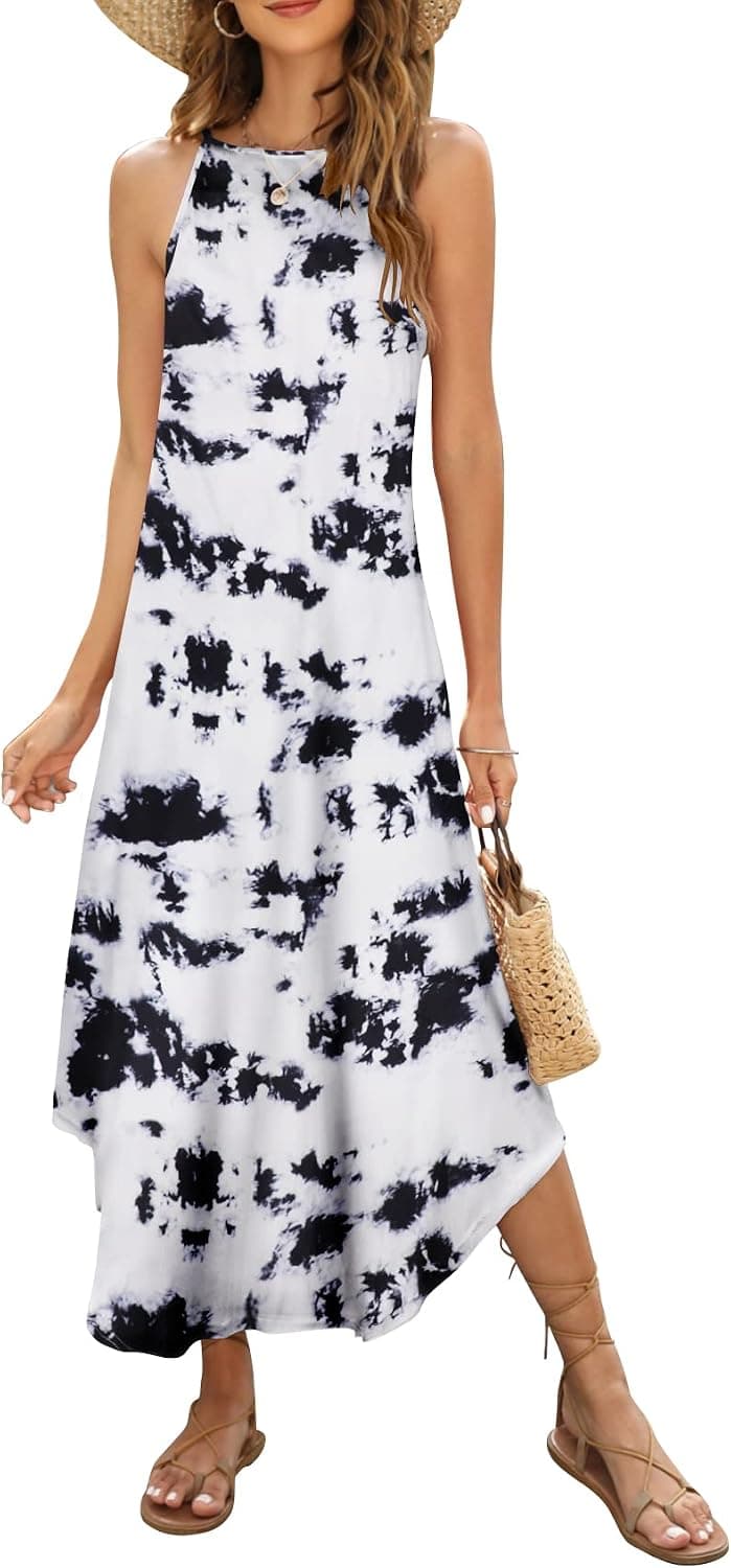 Halife Women's Summer Casual Sleeveless Beach Dress Long Halter Side Slit Maxi Sun Dresses