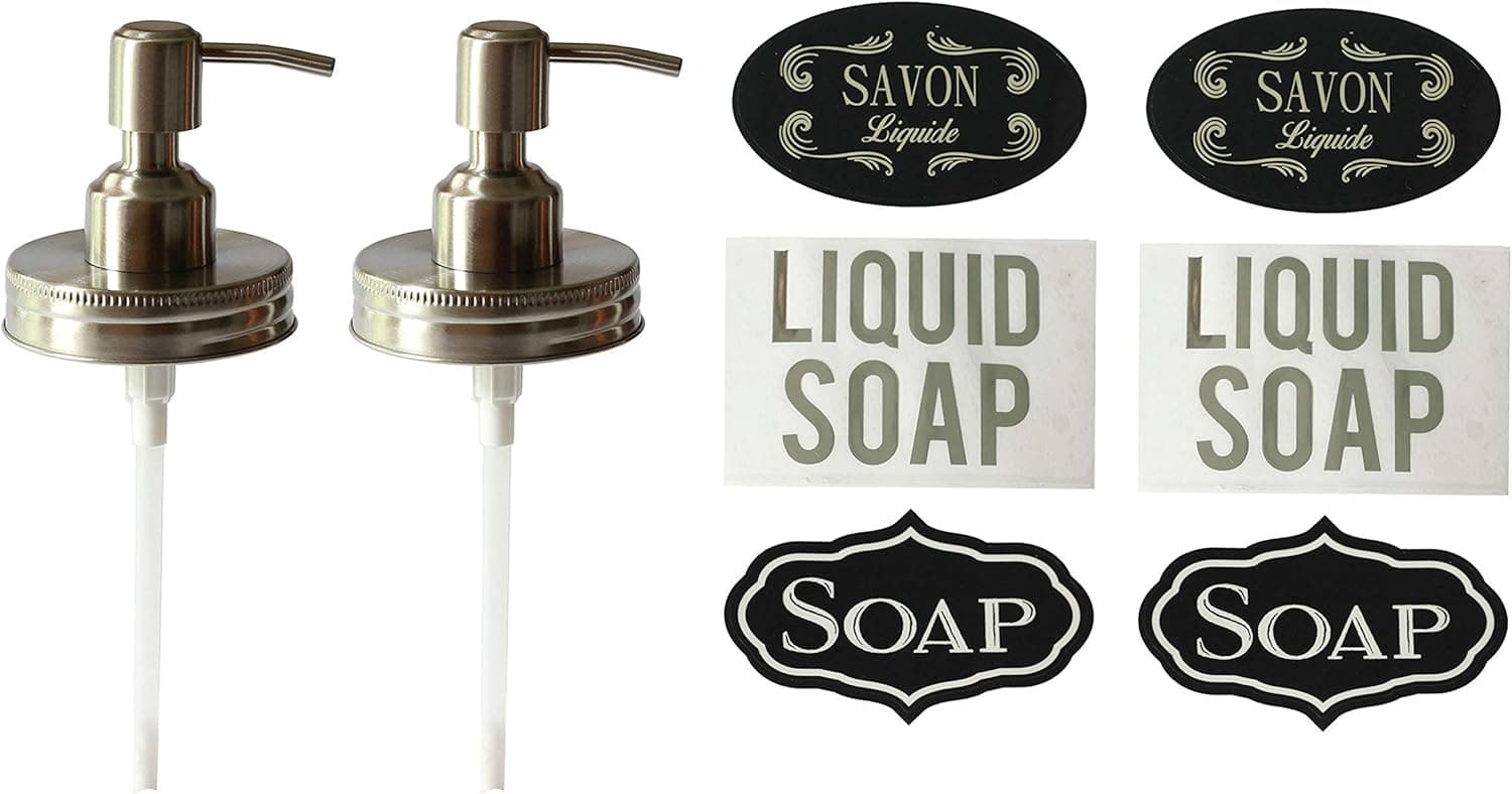 Milkweed Farms 2 Pack Premium Anti Rust Stainless Steel Mason Jar Soap Dispenser Lid with Waterproof Labels (2, Pump Lids)