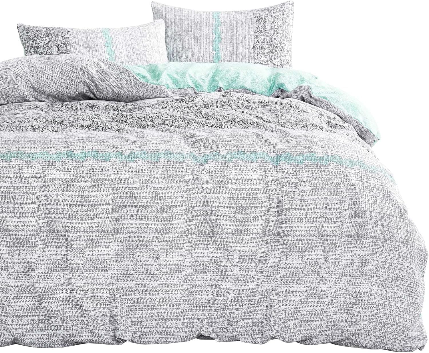 Wake In Cloud - Gray Duvet Cover Set, Reversible with Grey Teal Turquoise, Soft Microfiber Bedding with Zipper Closure (3pcs, Twin Size)