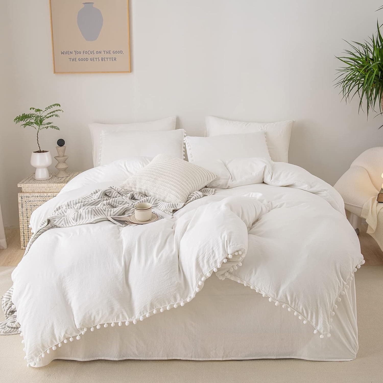 White Duvet Cover Set White Pom Pom Comforter Cover Set Twin Size 100% Washed Microfiber Girls Women Teens Room Decor Aesthetic Boho Bedding Set (Twin,White)