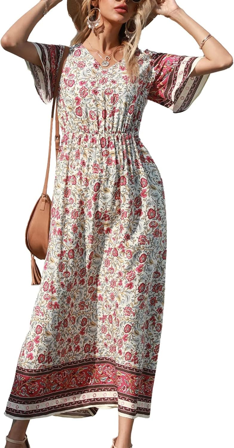 PRETTYGARDEN Women's Casual Summer Boho Floral Print Dress V Neck Short Sleeve High Waist Long Maxi Beach Dresses