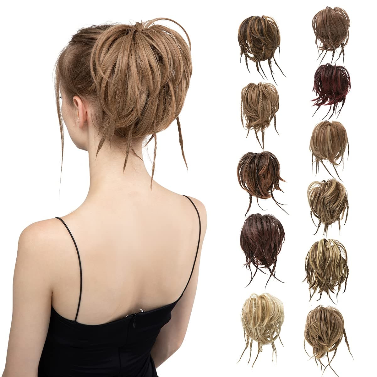 CJL HAIR Messy Hair Bun Hair Pieces Tousled Updo Scrunchies with Extra Hair Braids Ponytails Extension Synthetic Hairpiece for Women Girls