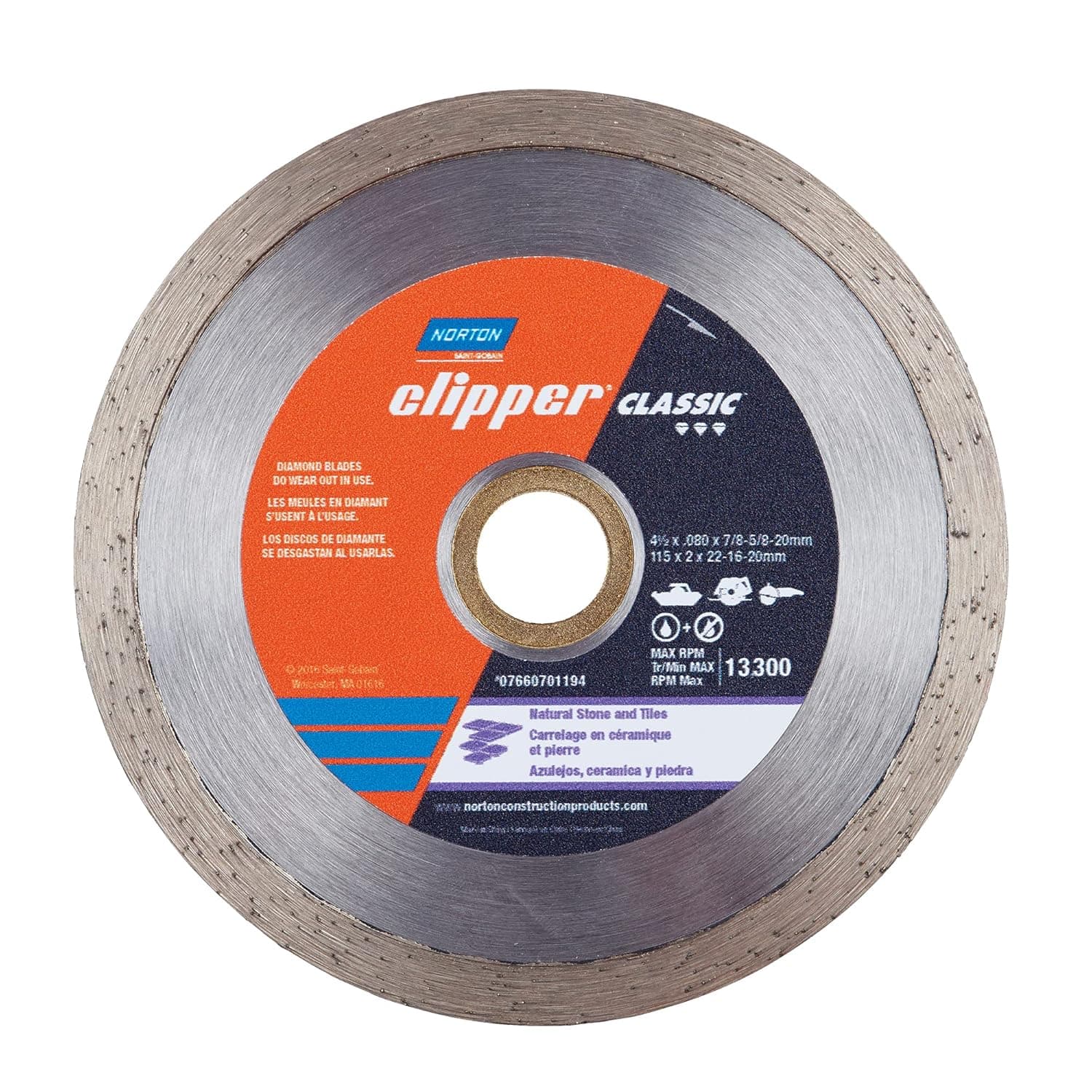 Norton Diamond Wheel Tile Saw Blade, Clipper Classic Diamond Cutting Wheel, Continuous Cut-Off Type 01, 7" Diamond High-Speed Cutting Disc for Tile, Pack of 1