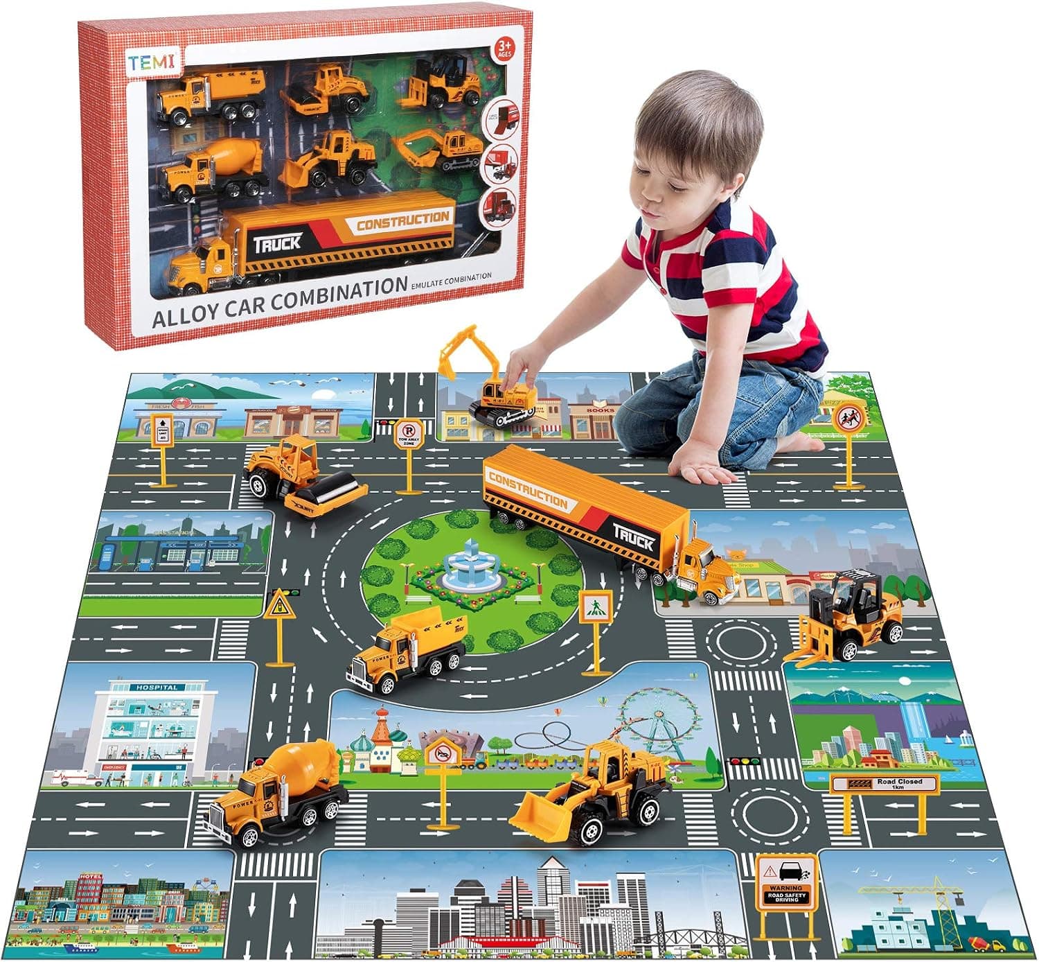 TEMI Diecast Engineering Construction Vehicle Toy Set w/Play Mat,Truck Carrier,Forklift,Bulldozer,Excavator,Mixer,Dump Truck, Alloy Metal Car Toys Set for 3 4 5 6 Years Old Toddlers Kids Boys & Girls