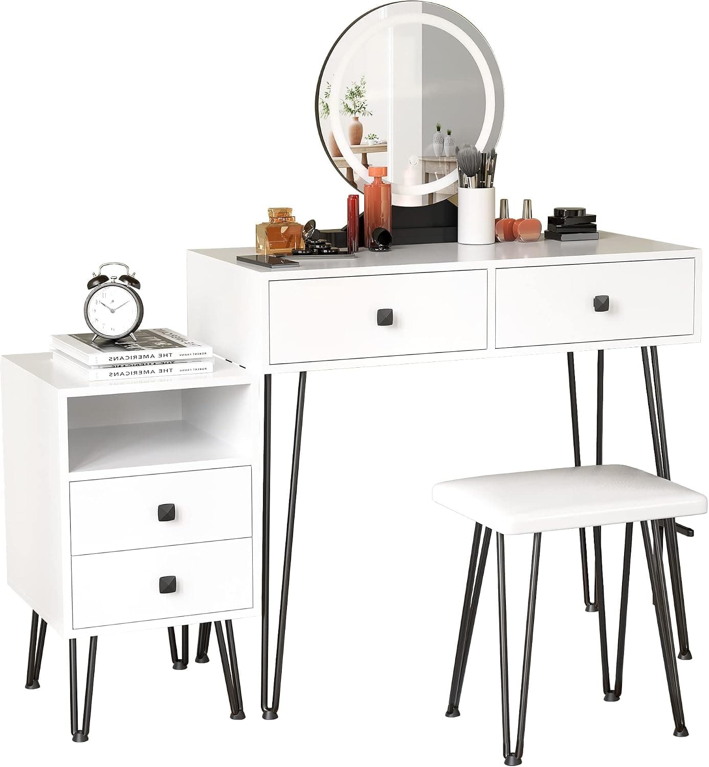 Cozy Castle White Vanity Desk with Lighted Mirror, Makeup Vanity Table Set with Drawers and Adjustable Cabinet, Dressing Table with Vanity Cushioned Chair for Makeup Room, Bedroom
