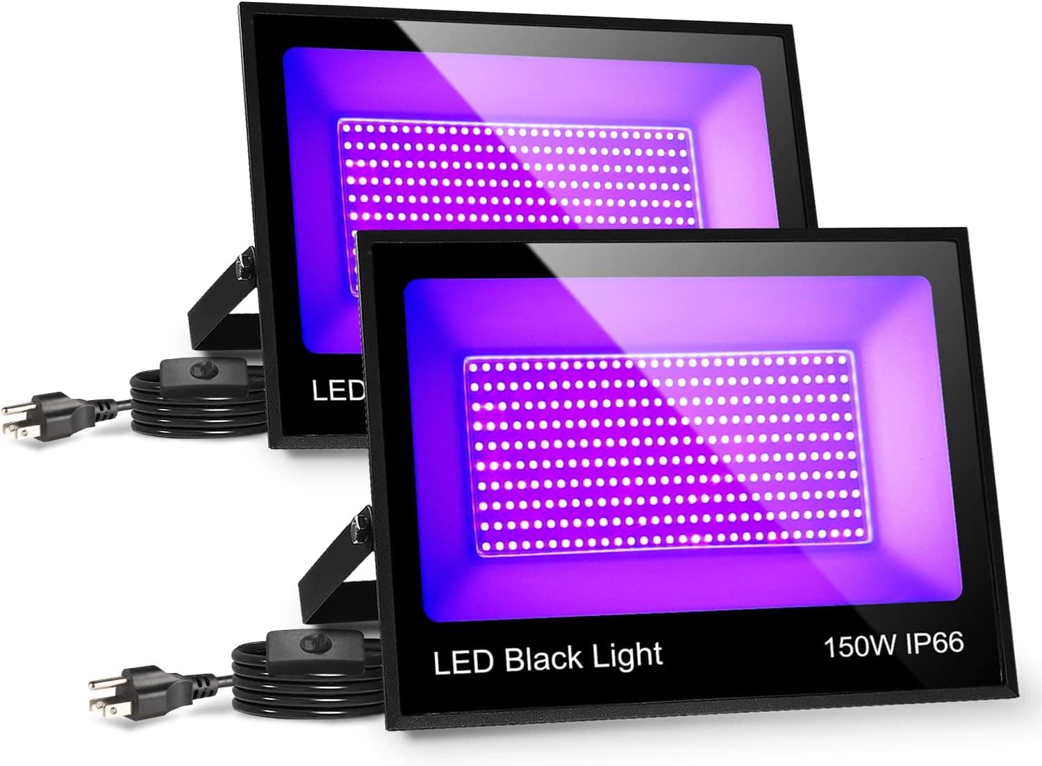 SHGPODA 2 Pack 150W LED Black Lights Flood Light with Plug and Switch(10ft Cable), IP66 Waterproof 385-400nm Purple Outdoor Floodlight for Blacklight Party, Stage Lighting, Fluorescent, Halloween