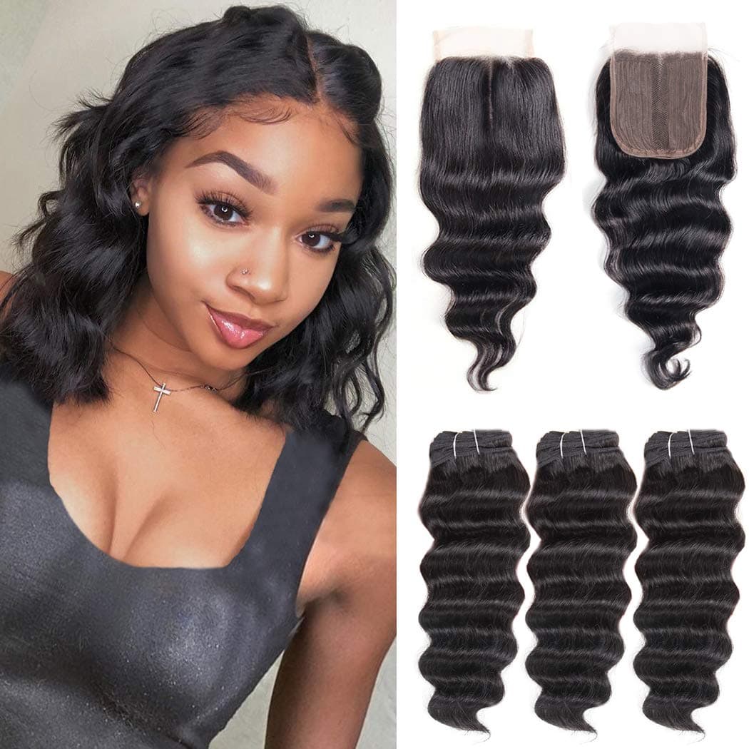 10A Brazilian Loose Deep Wave Bundles with Closure (12 14 16+10 Closure) Unprocessed Braziian Virgin Curly Human Hair 3 Bundles with T Middle Part 4x0.75inch Hand-Tied Lace Closure 70g/bundle