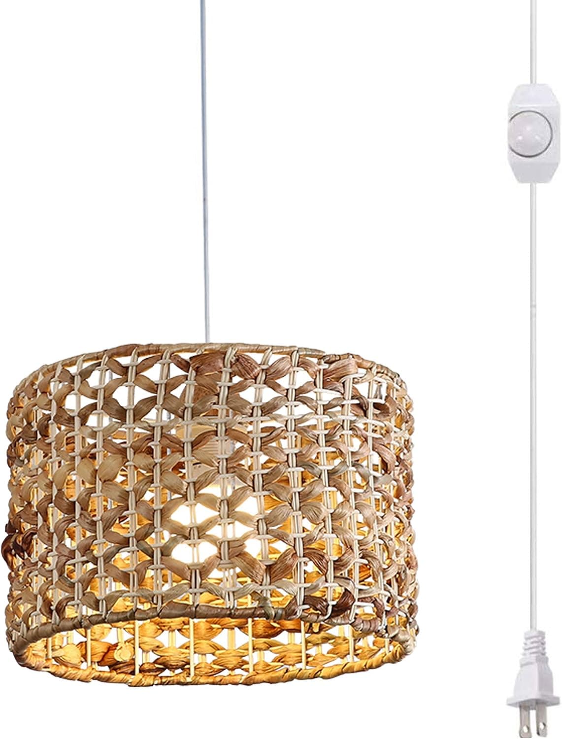 Hanging Swag Ceiling Lamp Twine Natural Rattan Lampshade No Wiring Needed Portable Pendant Light with 15ft Plug-in UL Dimmable Modern Farmhouse White Cord Chandelier Instant on Swag Lamp,Customizable