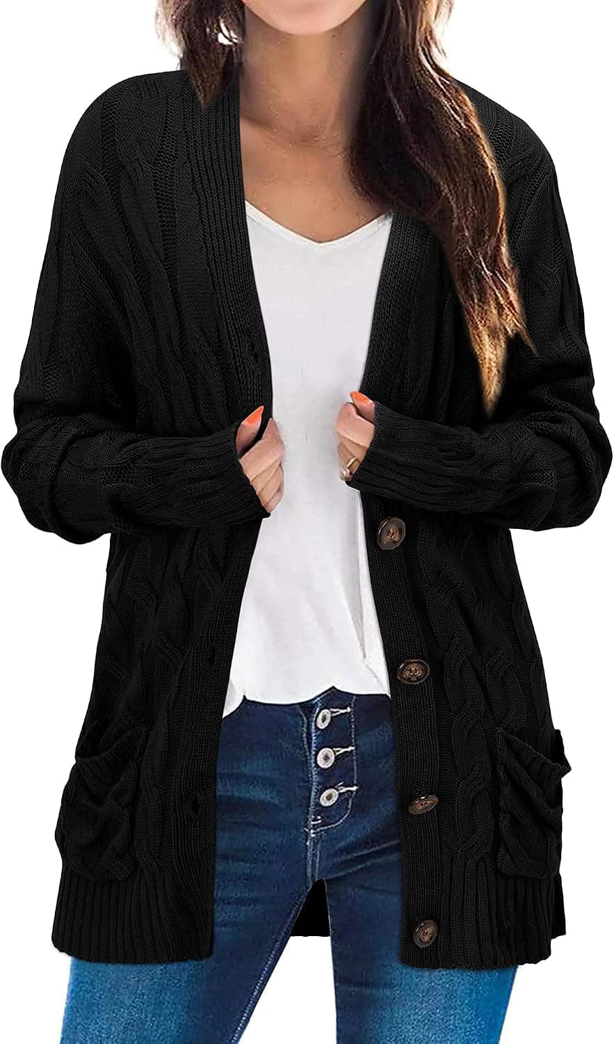 II ININ Women's Cable Knit Open Front Cardigan with Pockets Long Sleeve Button Down Sweater Outerwear Coat