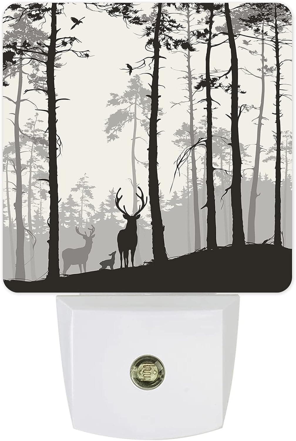 Plug in Night Light Deer Pine Tree Black Sihouettes Wall Light with LED, Foggy Brown Beige Forest Bright Decor Square Night Lights for Bathroom, Bedroom, Babyroom, Corridor, Living Room