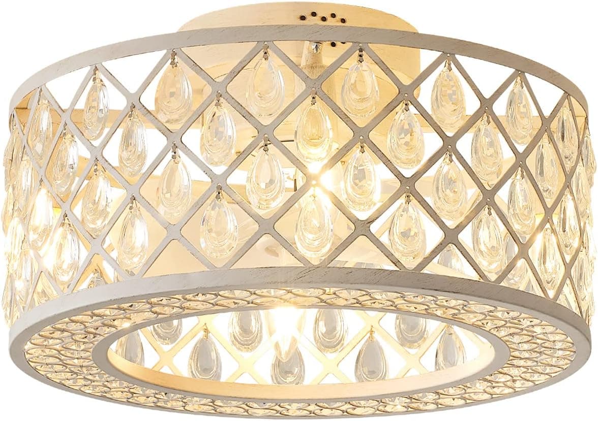 Oiotwo 18-Inch Crystal Fan Light, Lantern-Shaped Industrial Chandelier, with Remote Control, Suitable for Indoor Places Such as Room and Living Room, Including Bulb (White)