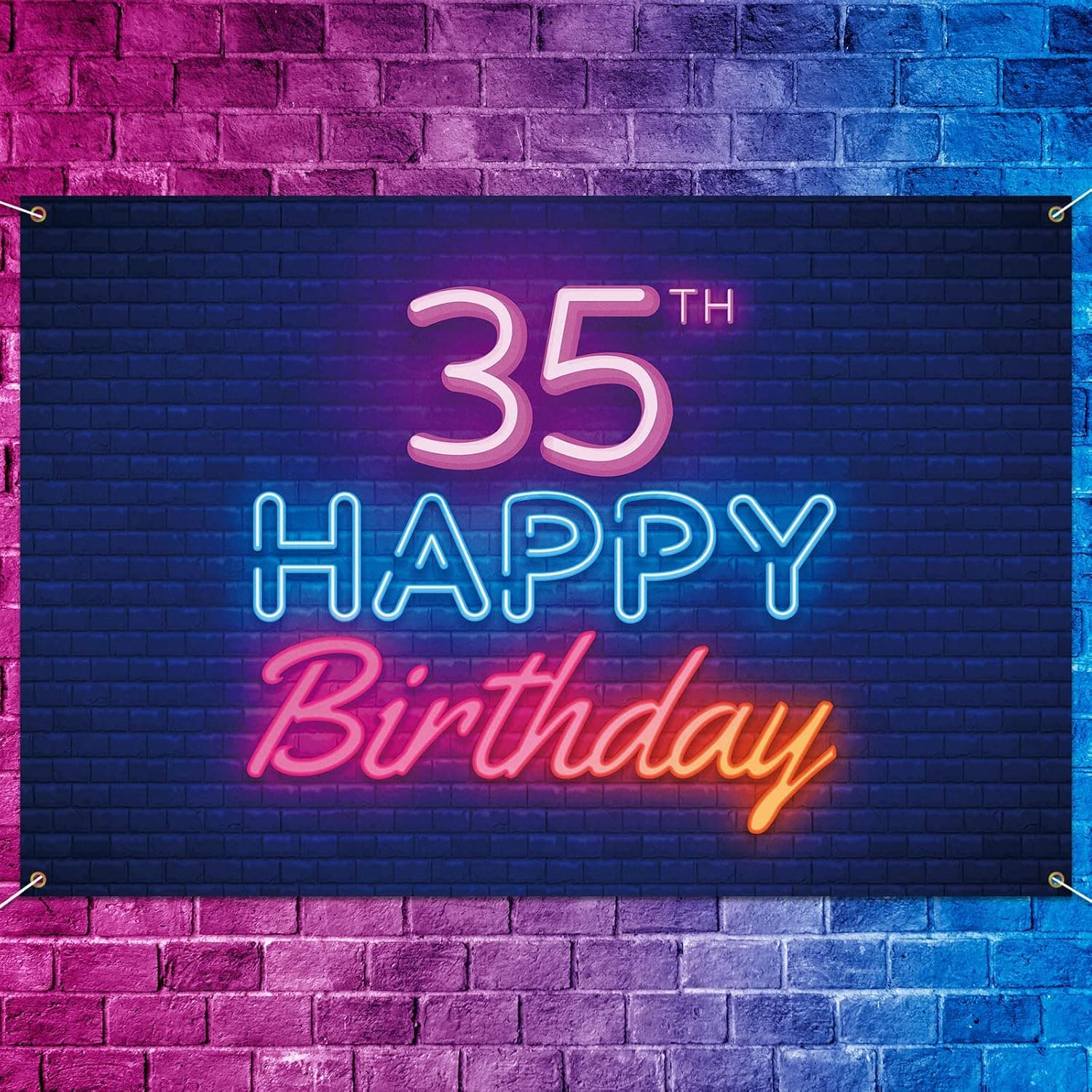 Glow Neon Happy 35th Birthday Backdrop Banner Decor Black – Colorful Glowing 35 Years Old Birthday Party Theme Decorations for Men Women Supplies