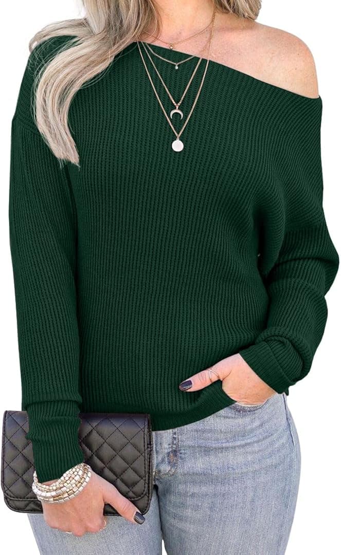 IWOLLENCE Off The Shoulder Sweaters for Women Waffle Knit Batwing Long Sleeve Loose Pullover Sweater