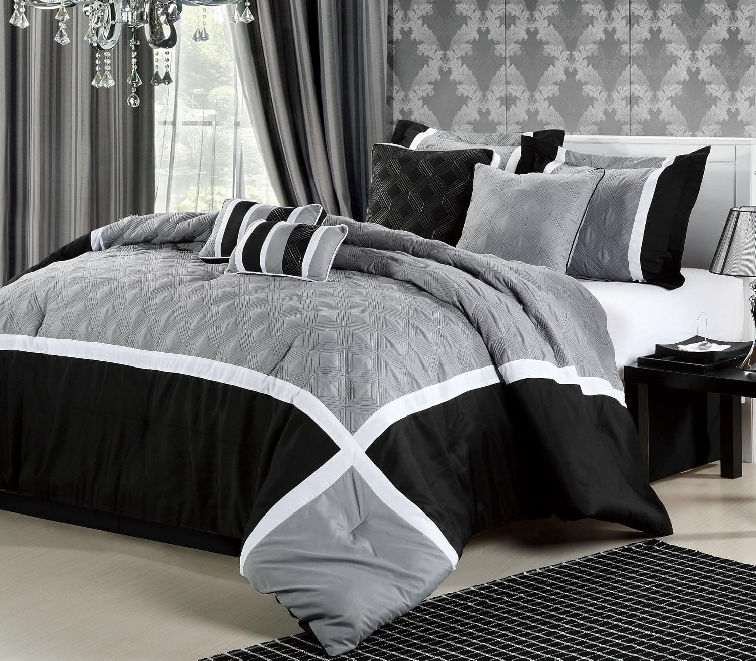 CHIC HOME QUINCY OVERSIZED AND OVERFILLED 8 PCS COMFORTER SET, KING SIZE, BLACK