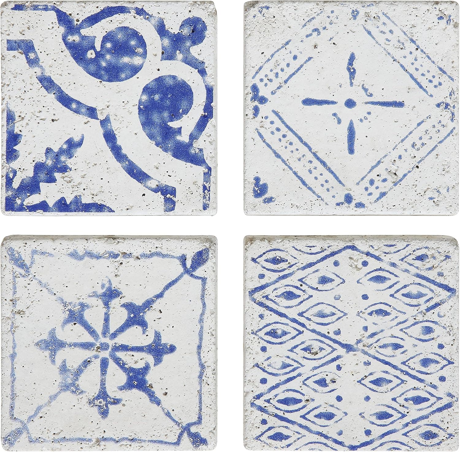 Creative Co-Op Blue & White Square Cement Tile Coasters (Set of 4 Pieces)