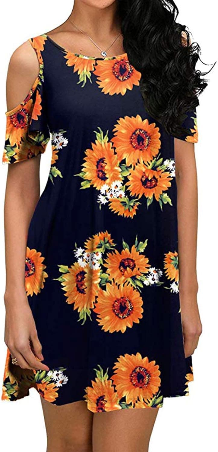 UIMLK Women Summer Cold Shoulder Dresses,Short Sleeve T-Shirt Dress with Pockets,Holiday Casual Tunic Dress,4-L
