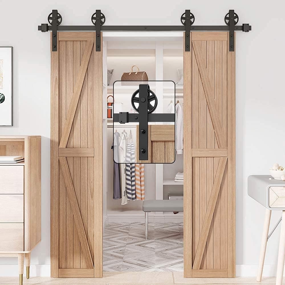 WINSOON 5FT Wood Double Sliding Barn Door Hardware Basic Black Big Spoke Wheel Roller Kit，5-18FT for Choose
