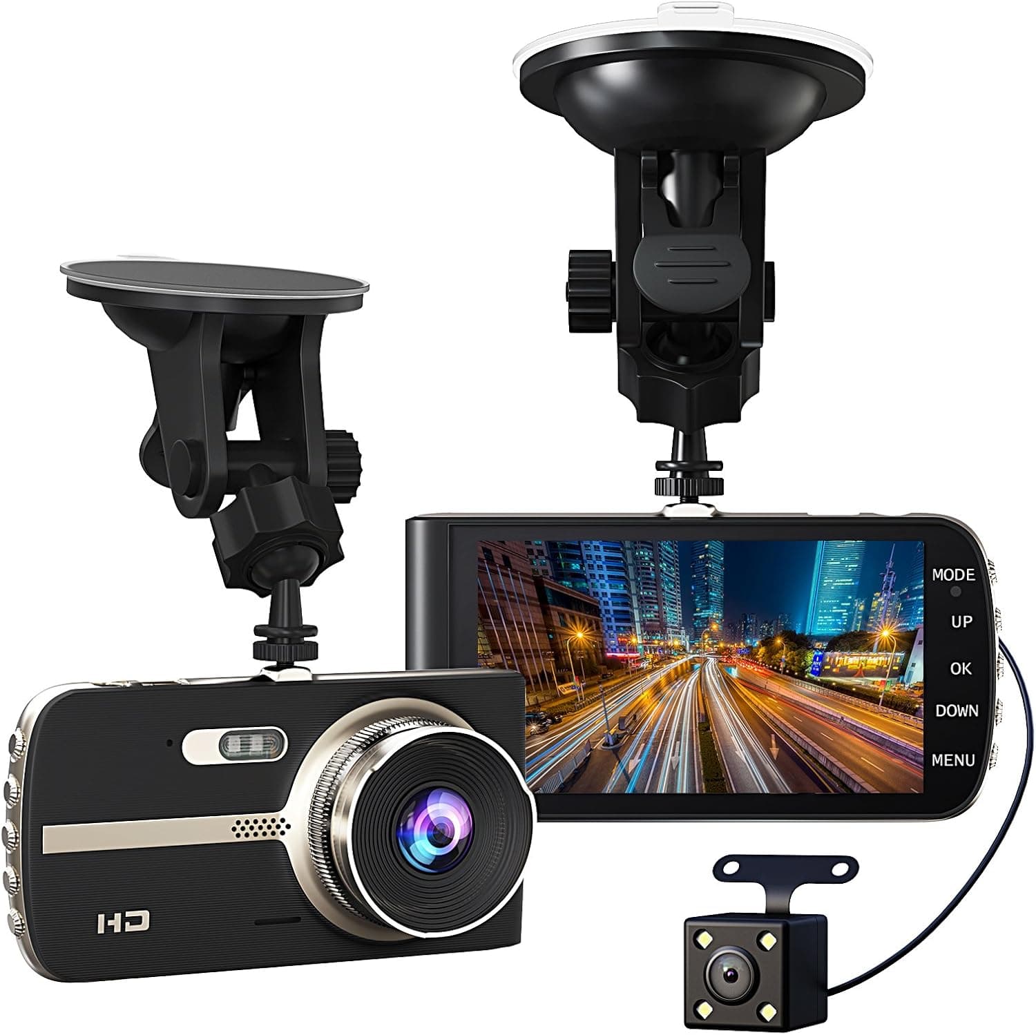 Super HD 1080P Front + VGA Rear 290° Super Wide Angle Car Dash Cam with 4'' Large HD Screen, G-Sensor, Loop Recording, Parking Mode, Super Night Version etc. (Black)
