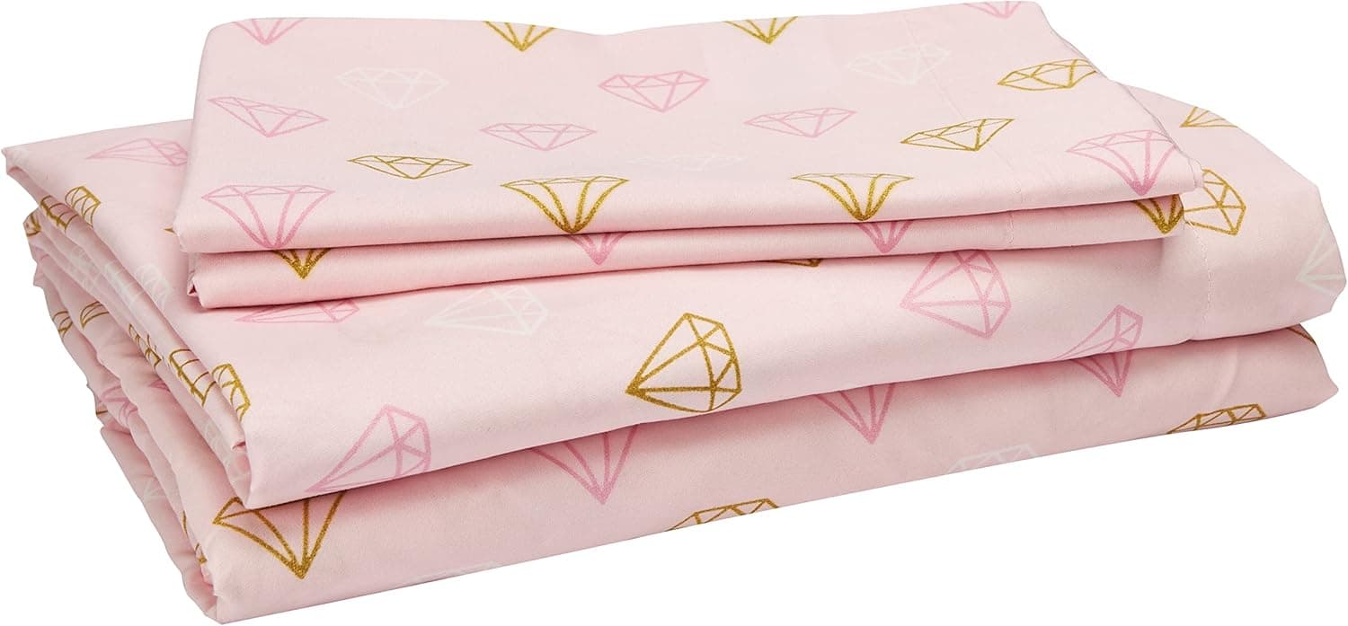 Heritage Kids 4 Piece Sheet Set, Including Fitted Sheet, Top Sheet and 2 Pillow Cases, Pink and Gold Diamond, Full,