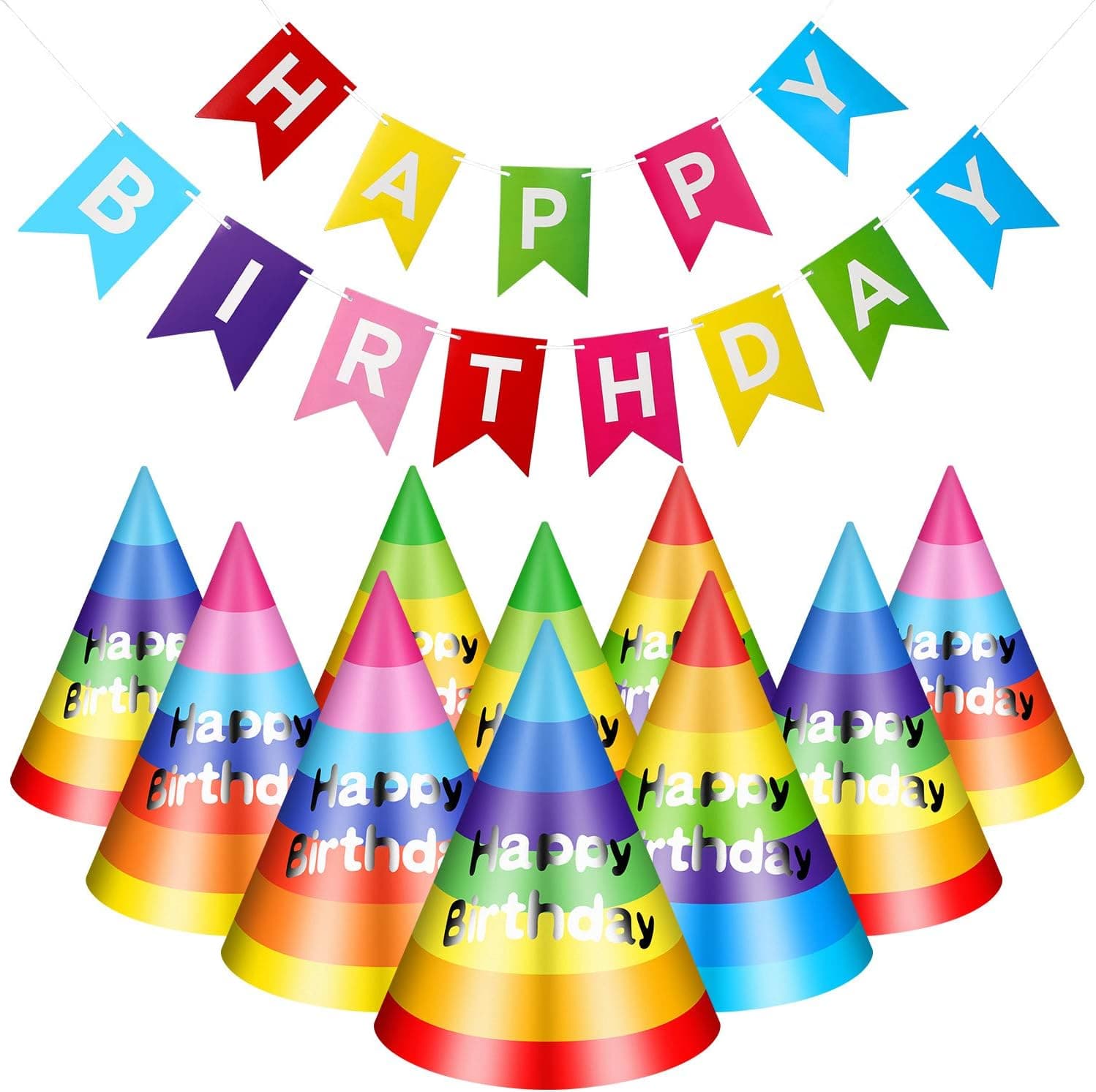 20 Pieces Rainbow Birthday Party Hats Colorful Birthday Cone Hats with Happy Birthday Banner for Kids Adults Birthday Party Decorations