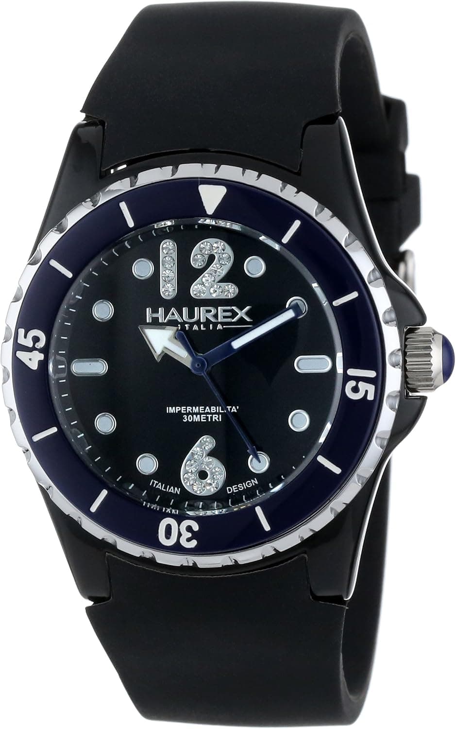 Haurex Italy Women's PN379DNB Beauty Black Dial Rotating Blue Bezel Crystal Watch