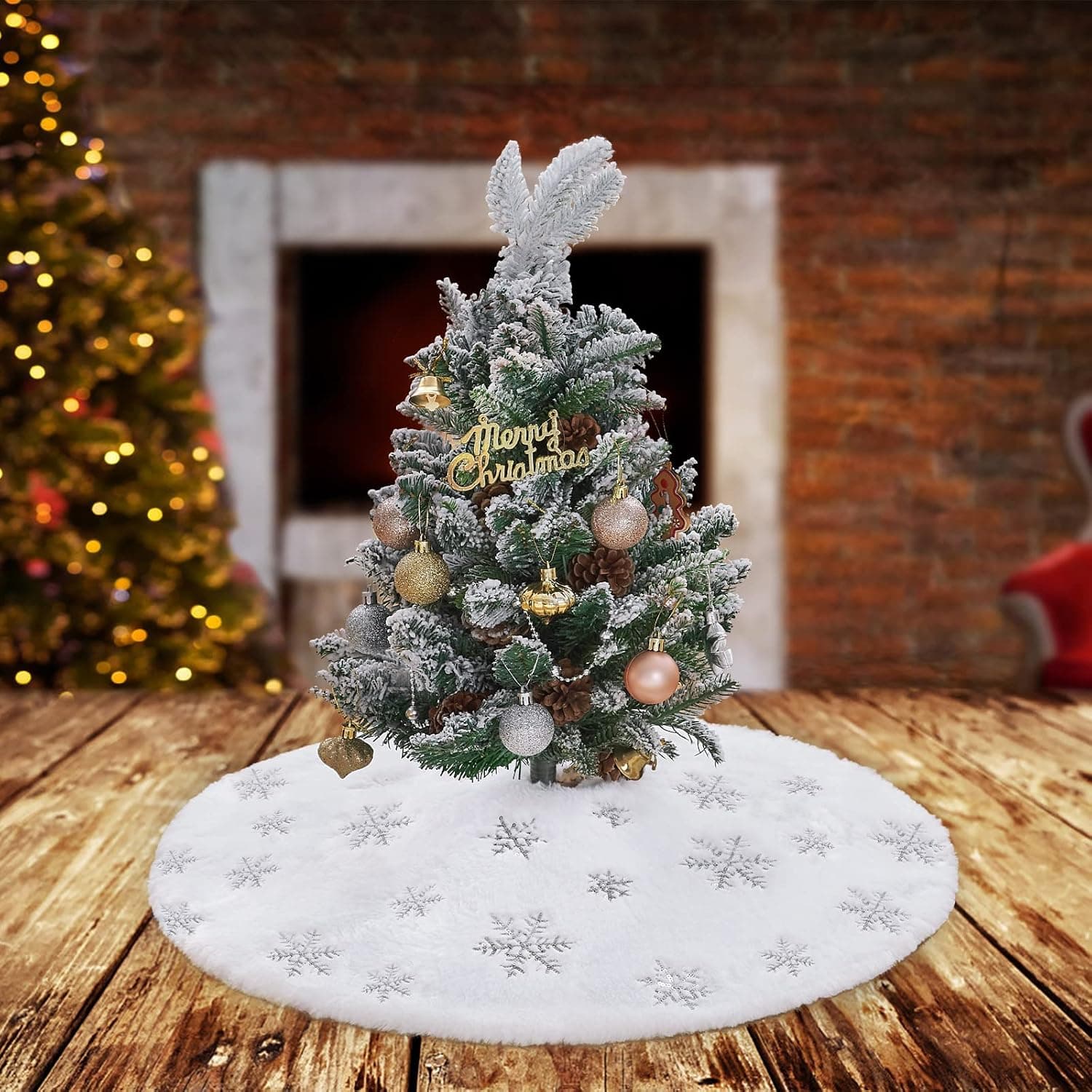 Christmas Tree Skirt White Tree Skirt Mini Xmas Faux Fur Tree Skirts 24inch Christmas Decorations for Holiday Tree Ornaments Christmas Party Home Decor with Sequin Silver Snowflakes