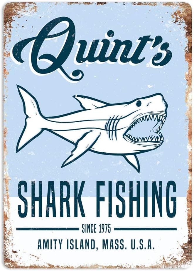 Quint's Shark Fishing Metal Wall Sign Plaque Art Jaws 80s Movie Poster Summer Decor Novelty Art Sign Funny Aluminum Metal Tin Signs