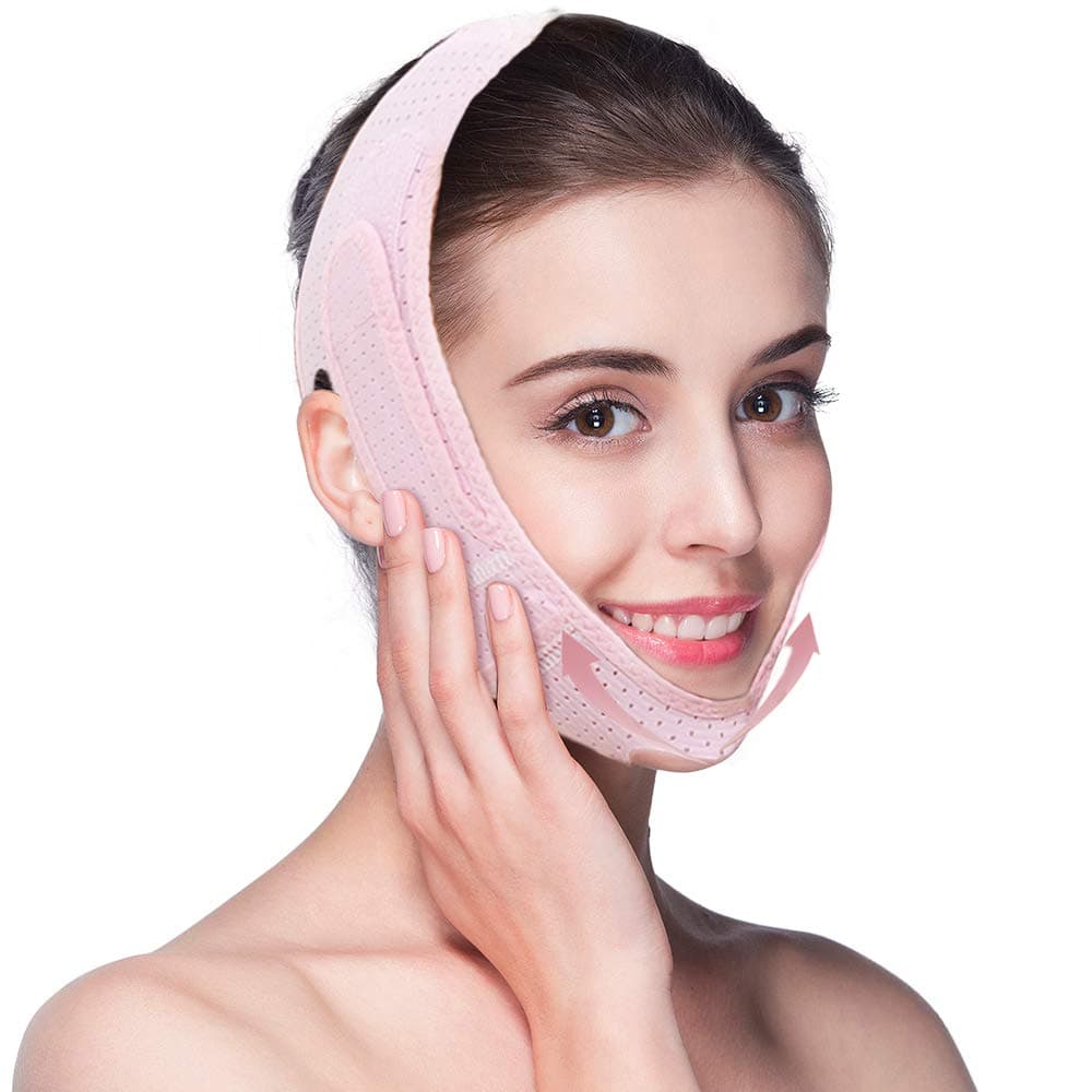 2020 Summer Facial Slimming Strap, Double Chin Reducer V Line Mask Adjustable Lifting Chin Strap Breathable Ultra-thin Sleeping Face Lifting Belt for Women Lifting Firming（Pink）