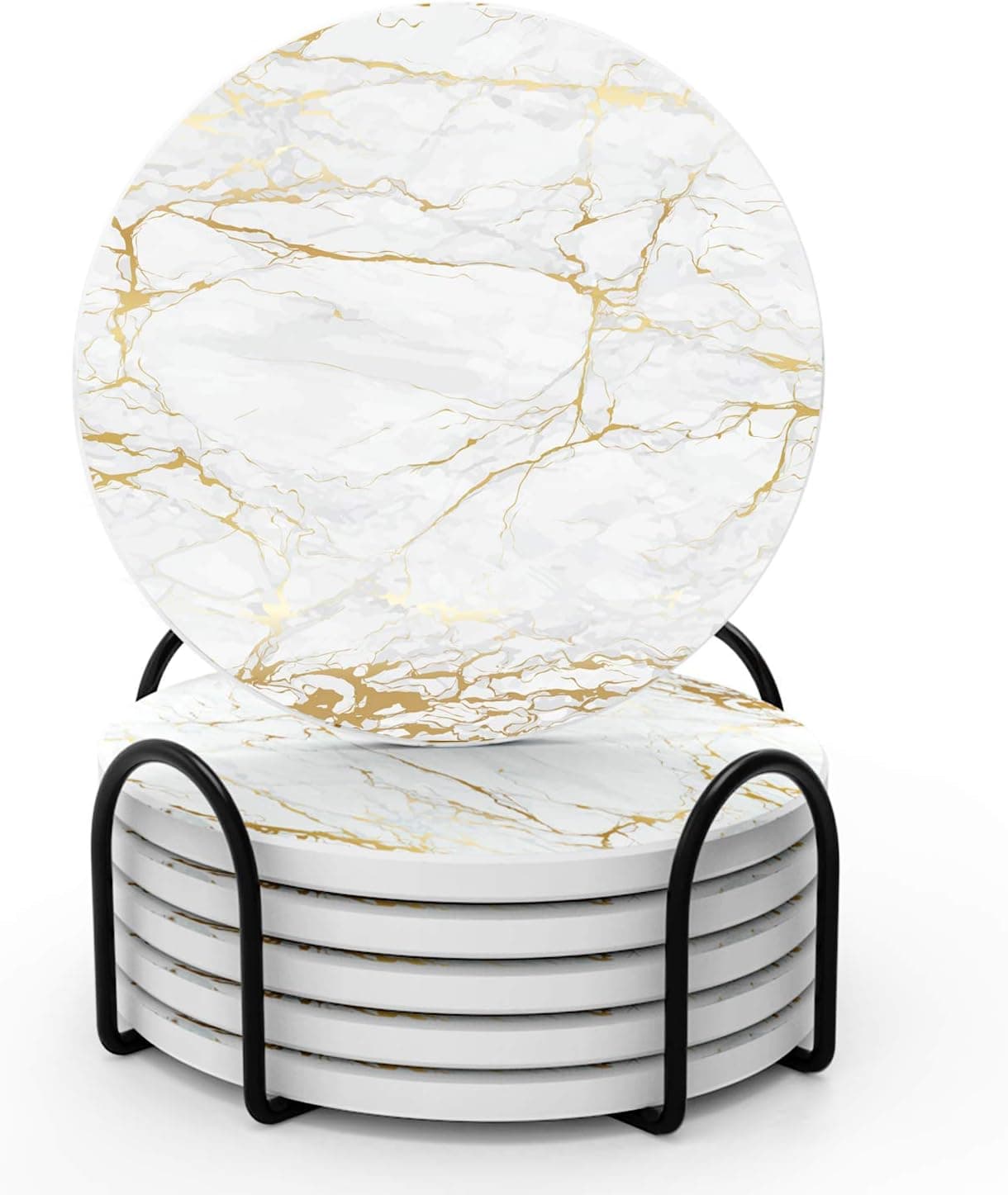 Drink Coasters with Holder, Absorbent Coaster Marble Style Ceramic Drink Coaster for Tabletop Protection,Wooden Table，Suitable for Kinds of Cups Gift for Home Decor