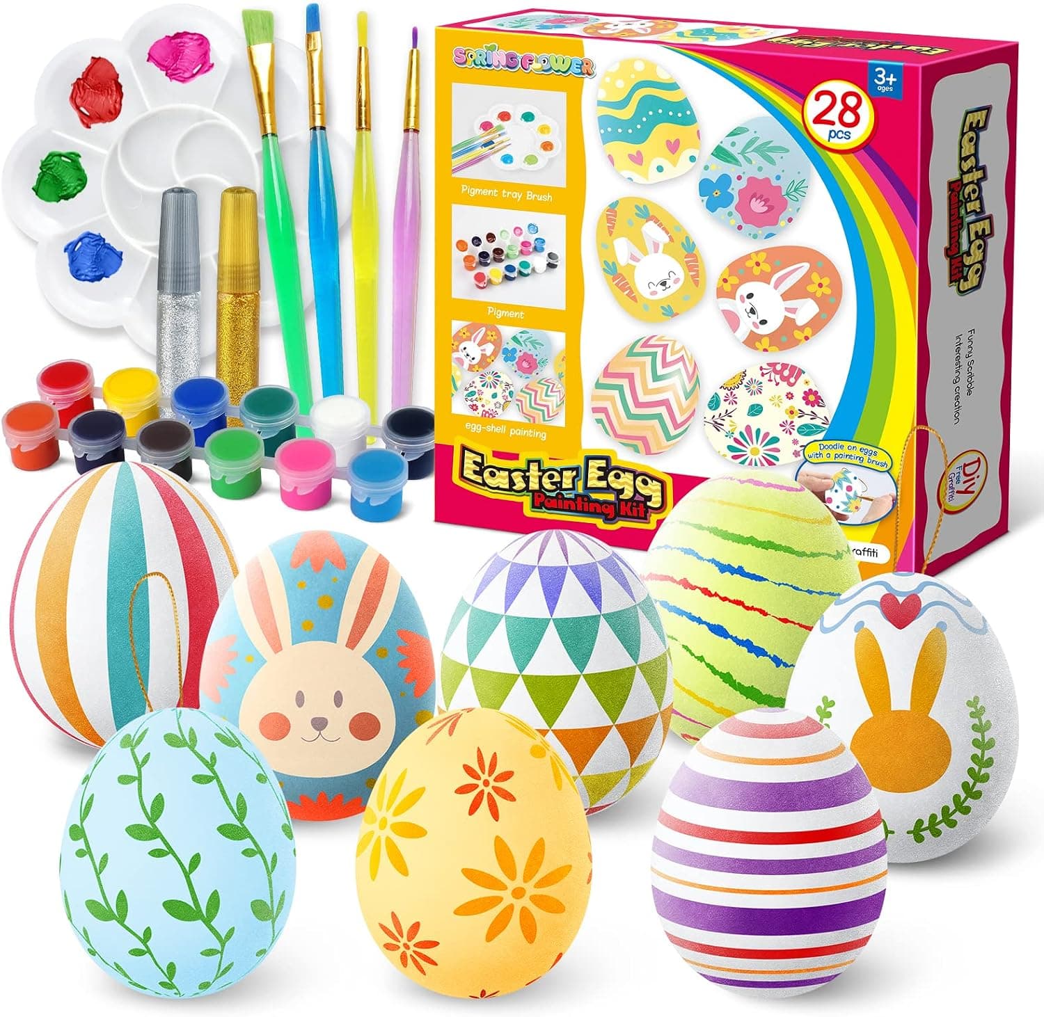 Easter White Eggs Painting Kit-Paintable Flocking Eggs with Doodle Kit for DIY Design-Hanging Flocking Eggs with Rope for Easter Decoration,Easter egg Hunts, Basket Fillers, Easter Gift,28PCS