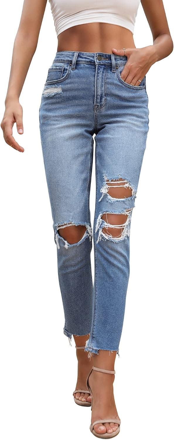 OFLUCK Women Stretch Ripped High Waisted Jeans Frayed Raw Hem Distressed Denim Pants with Hole