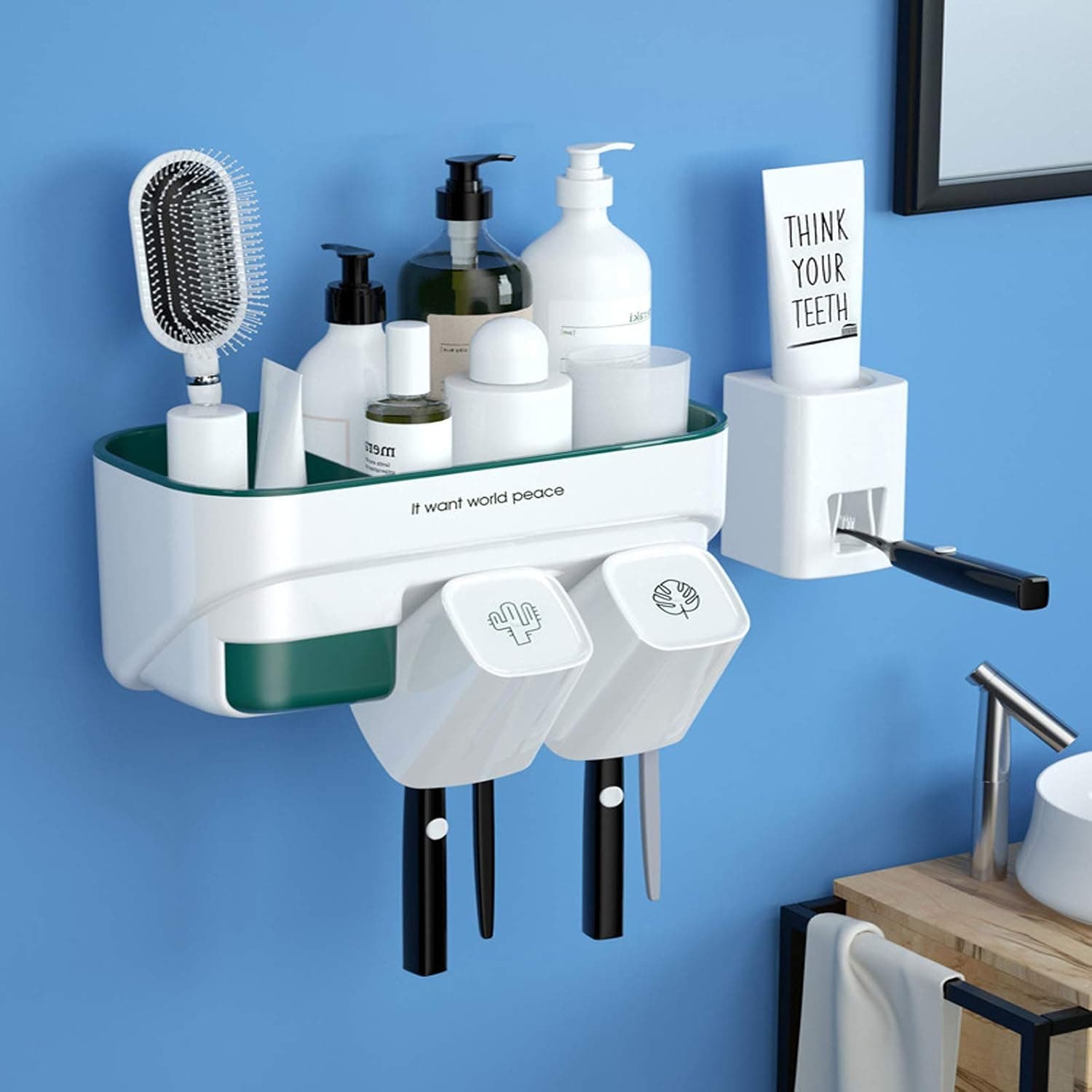 U-Chain Toothbrush Holder Wall Mounted-Multifunctional Space Saving Tooth Brush Holder for Bathroom with Toothpaste Dispenser，4Toothbrush Slot and 2Cups，2-Layer Super Large Storage Space