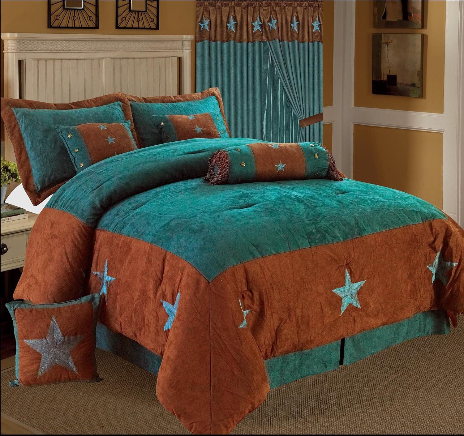 GoCowgirl 7 Pieces Luxury Western Lodge Oversize Comforter Set Lone Star Micro Suede (Queen, Turquoise)