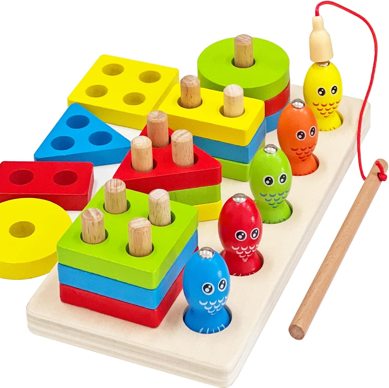 Montessori Toys Wooden Sorting Stacking & Magnetic Fishing Game 2-in-1 Toys for 1 2 3 Years Old Toddlers Boys Girls Color Recognition Stacker Shape Sorter Puzzles Preschool Learning Educational Gift