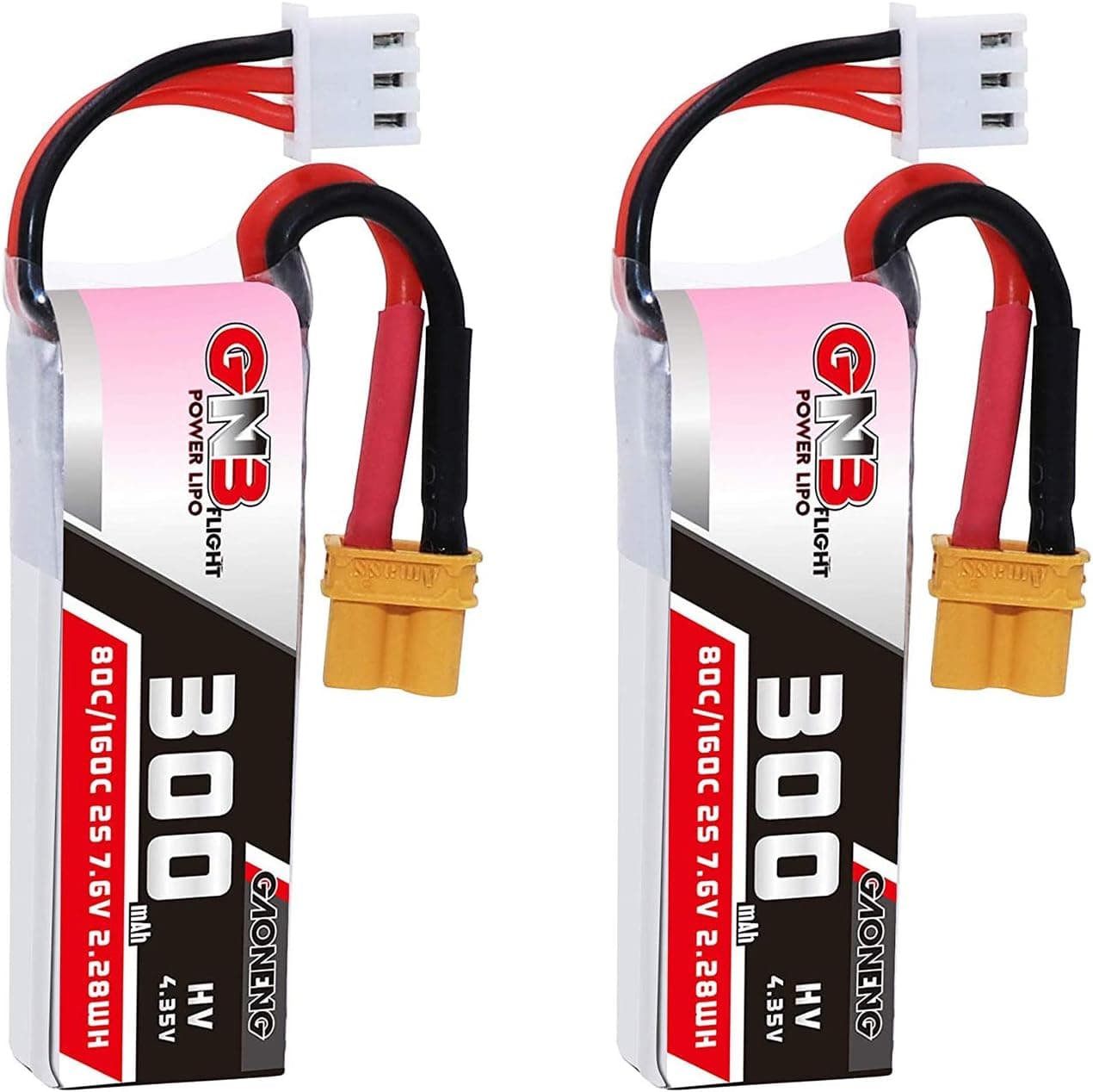 2pcs 300mAh 2S LiPo HV 7.6V 80C LiHv Battery with XT30 Connector for 2S Brushless Micro Indoor Racing Drone Whoop