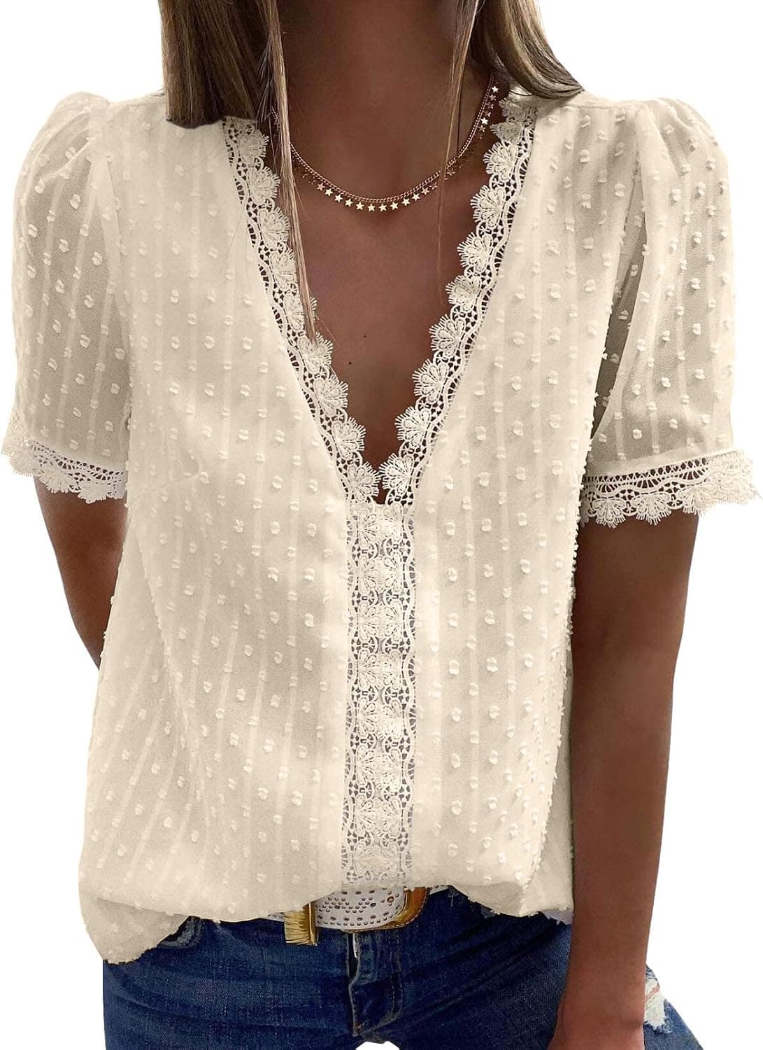 SUPRELOOK Women's V Neck Lace Crochet Tops Casual Loose Long Sleeve Swiss Dot Tops Tunic Shirts Blouses